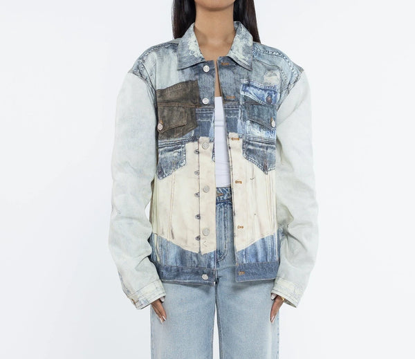 Denim Jacket, Patchwork Pockets, Button Closure