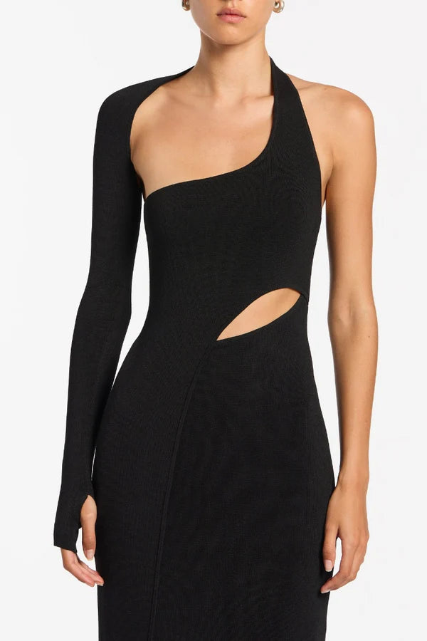 Gianna Asymmetric Sleeve Cutout Midi Bandage Dress