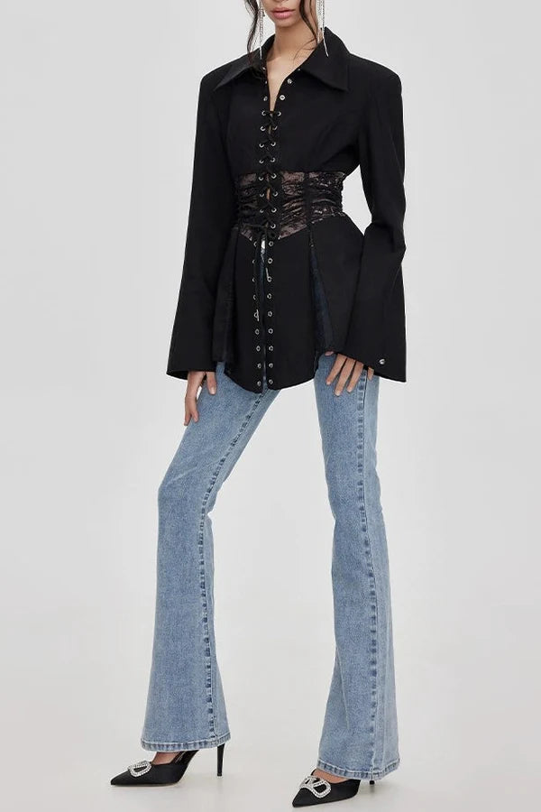 Melany See Through Lace Up Shirt