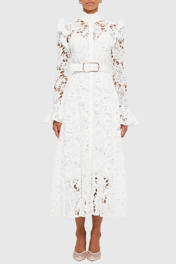 Meriel Una Lace-embroidered Belted Midi Dress