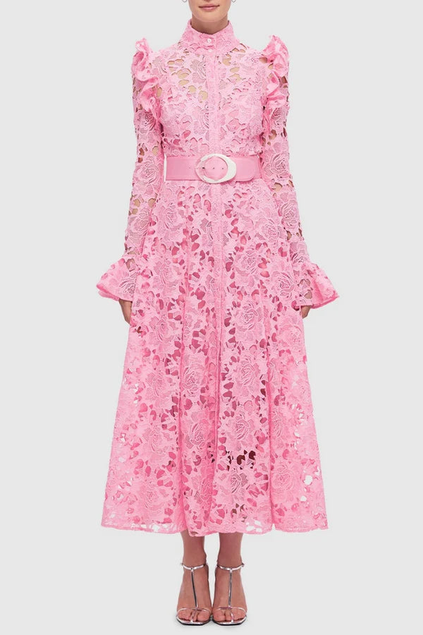 Meriel Una Lace-embroidered Belted Midi Dress