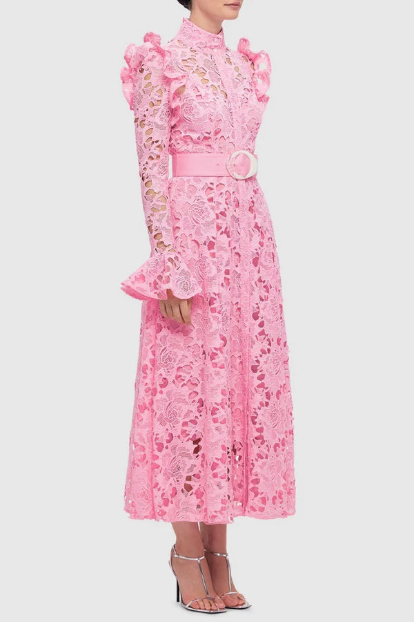 Meriel Una Lace-embroidered Belted Midi Dress