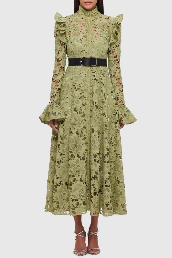 Meriel Una Lace-embroidered Belted Midi Dress