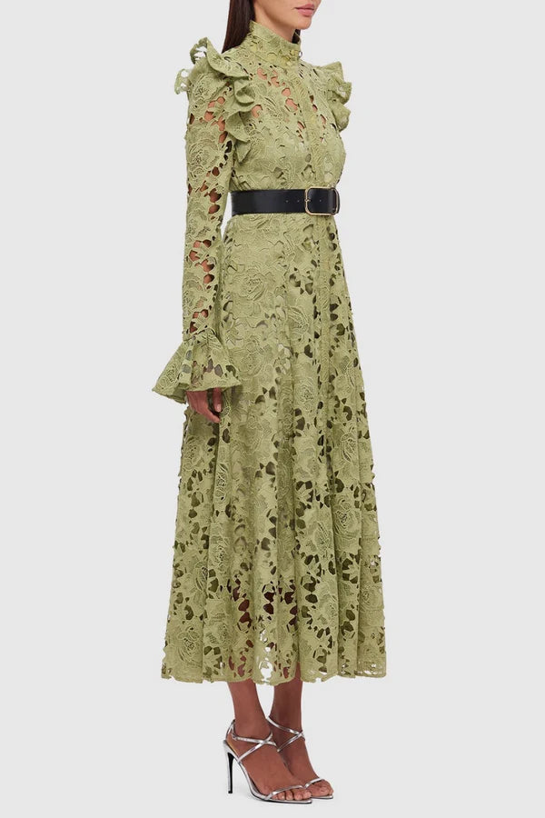 Meriel Una Lace-embroidered Belted Midi Dress