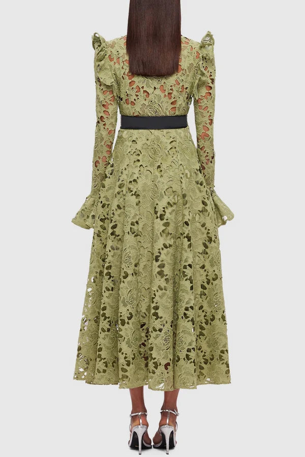 Meriel Una Lace-embroidered Belted Midi Dress