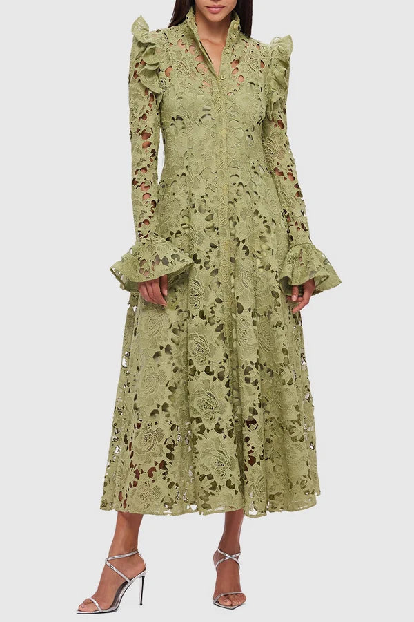 Meriel Una Lace-embroidered Belted Midi Dress