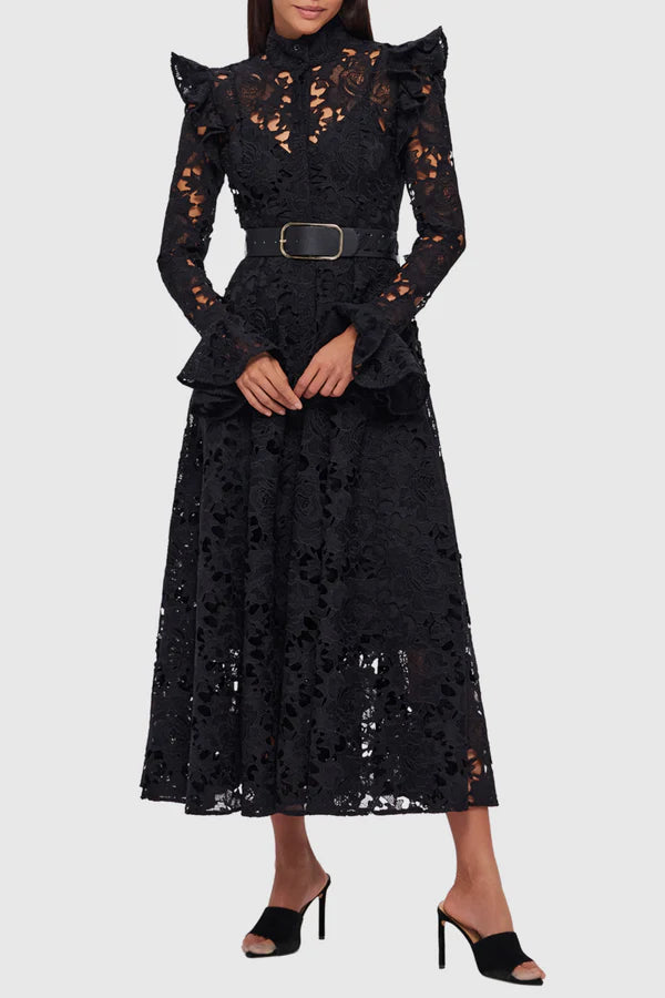 Meriel Una Lace-embroidered Belted Midi Dress