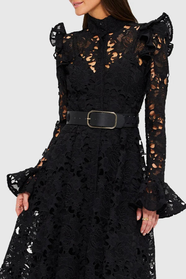 Meriel Una Lace-embroidered Belted Midi Dress