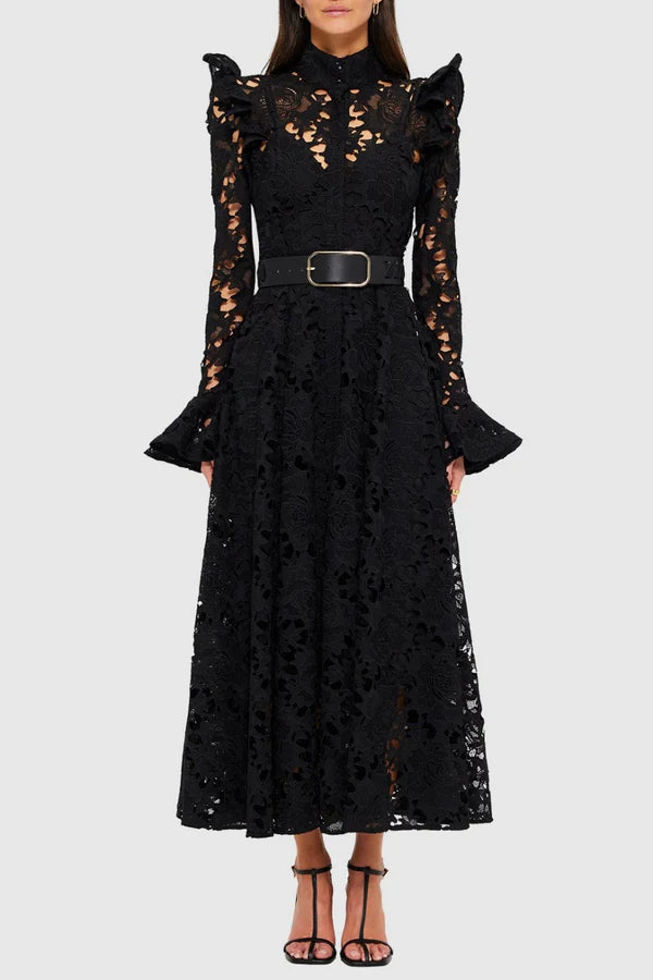 Meriel Una Lace-embroidered Belted Midi Dress