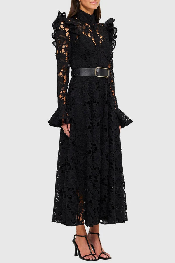 Meriel Una Lace-embroidered Belted Midi Dress