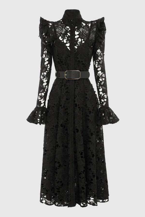 Meriel Una Lace-embroidered Belted Midi Dress