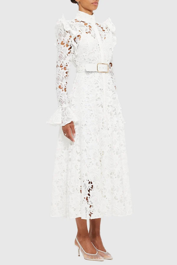 Meriel Una Lace-embroidered Belted Midi Dress