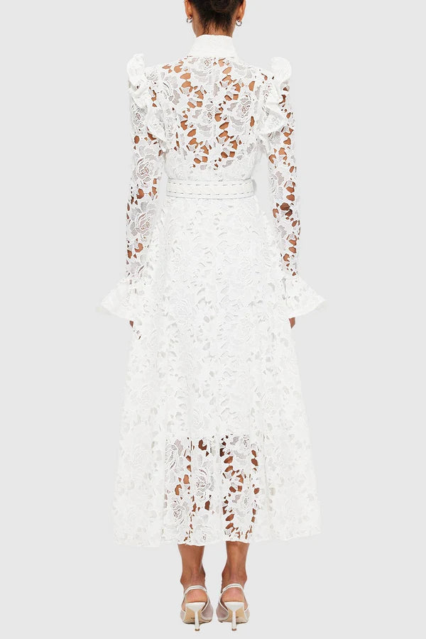 Meriel Una Lace-embroidered Belted Midi Dress