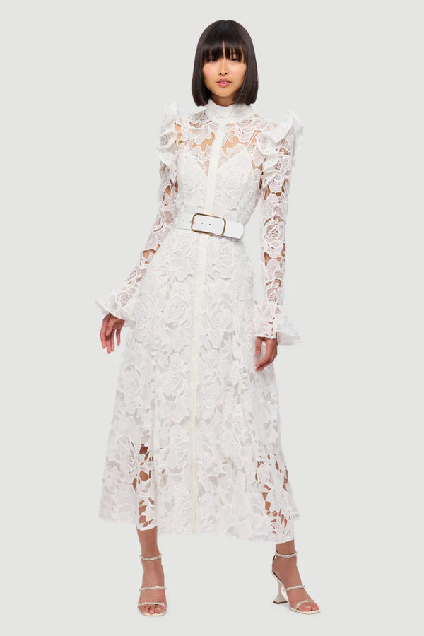 Meriel Una Lace-embroidered Belted Midi Dress