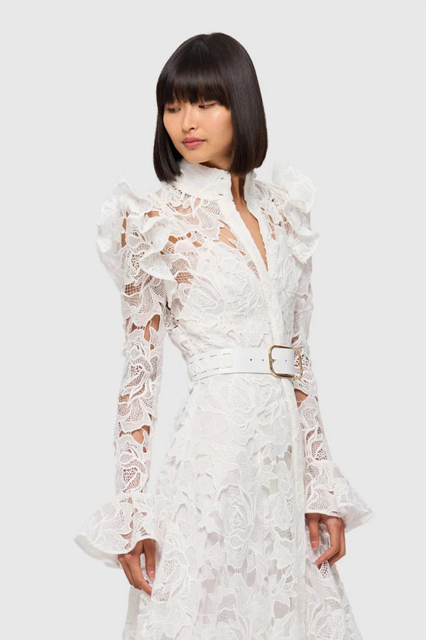 Meriel Una Lace-embroidered Belted Midi Dress