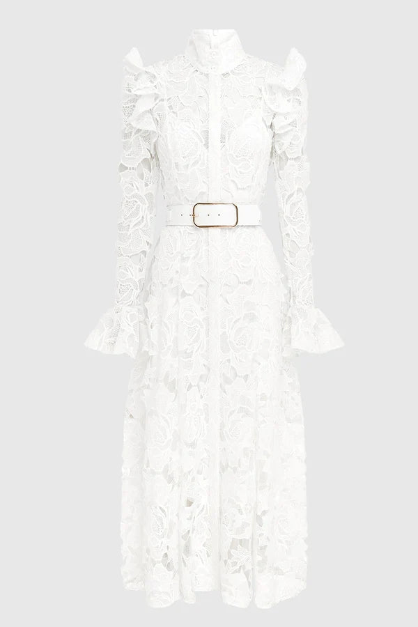 Meriel Una Lace-embroidered Belted Midi Dress