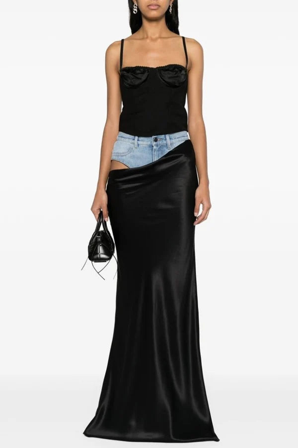 Raya Denim Patchwork Satin Maxi Skirt