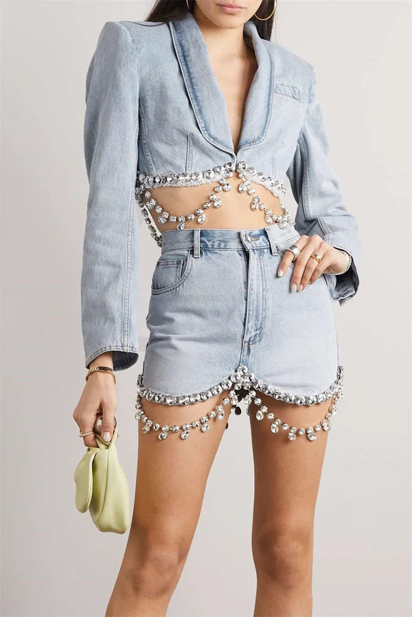 Tiana Rhinestone Denim Blazer