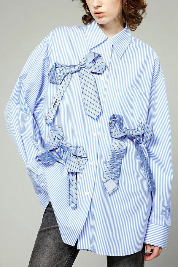 Tie Bowknot Pinstriped Shirt