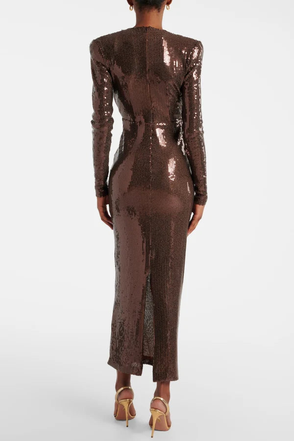 Yasmine Gathered Sequin V-neck Midi Dress